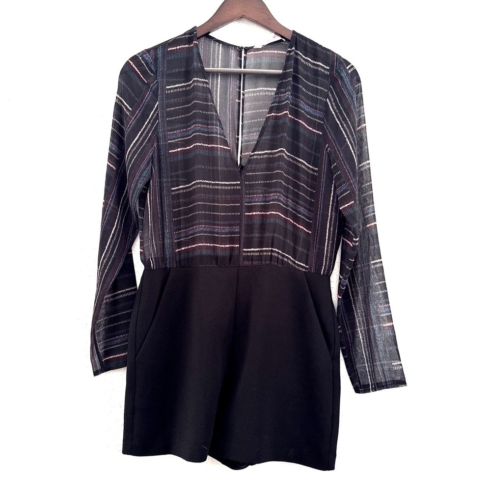 BCBGeneration Sheer Top Long Sleeve Romper Multicolor Striped Women's Size 6